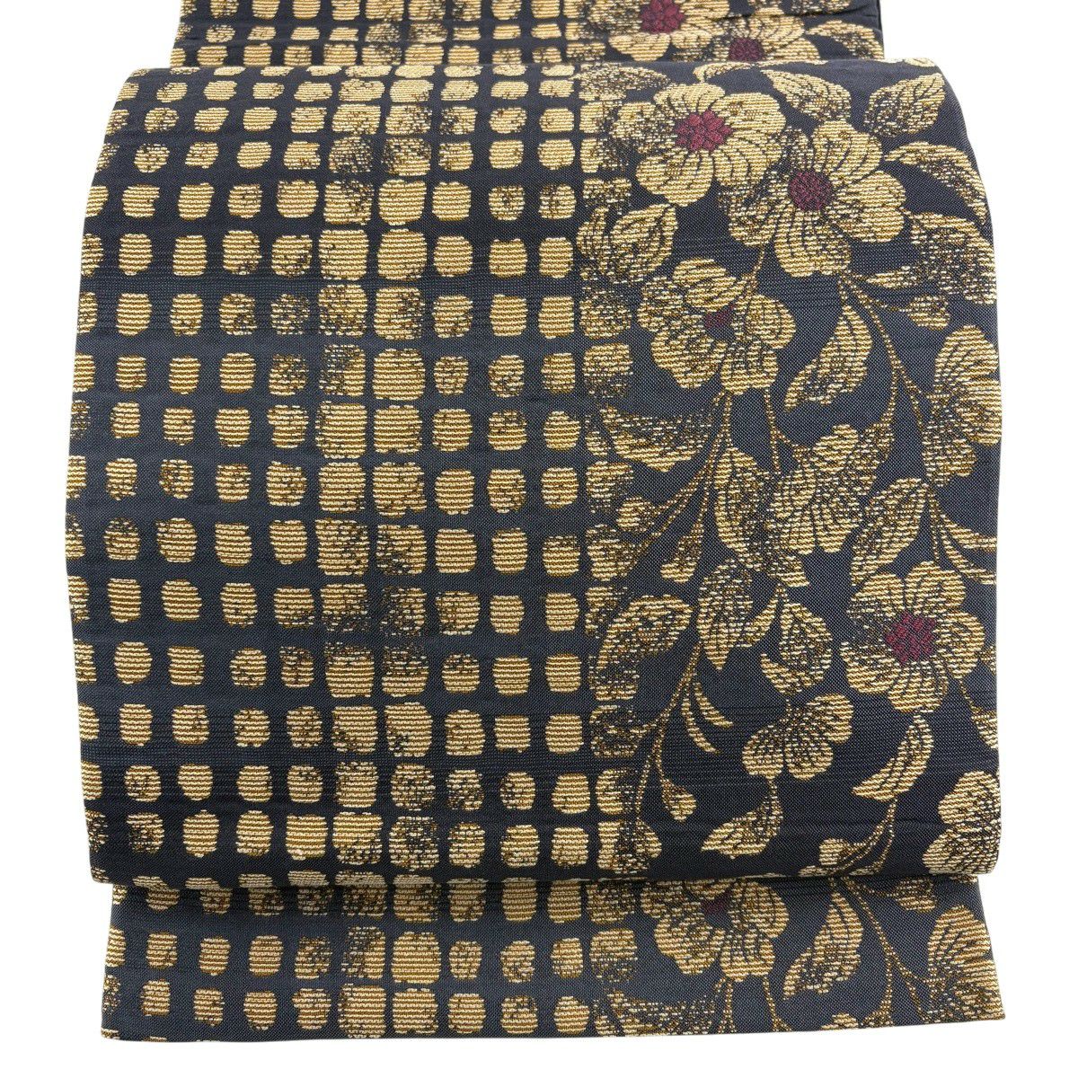 【美品】 袋帶 秀品級 草花紋紋 幾何學 金絲 青灰 六通 純蠶絲