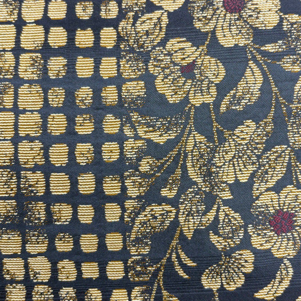 【美品】 袋帶 秀品級 草花紋紋 幾何學 金絲 青灰 六通 純蠶絲