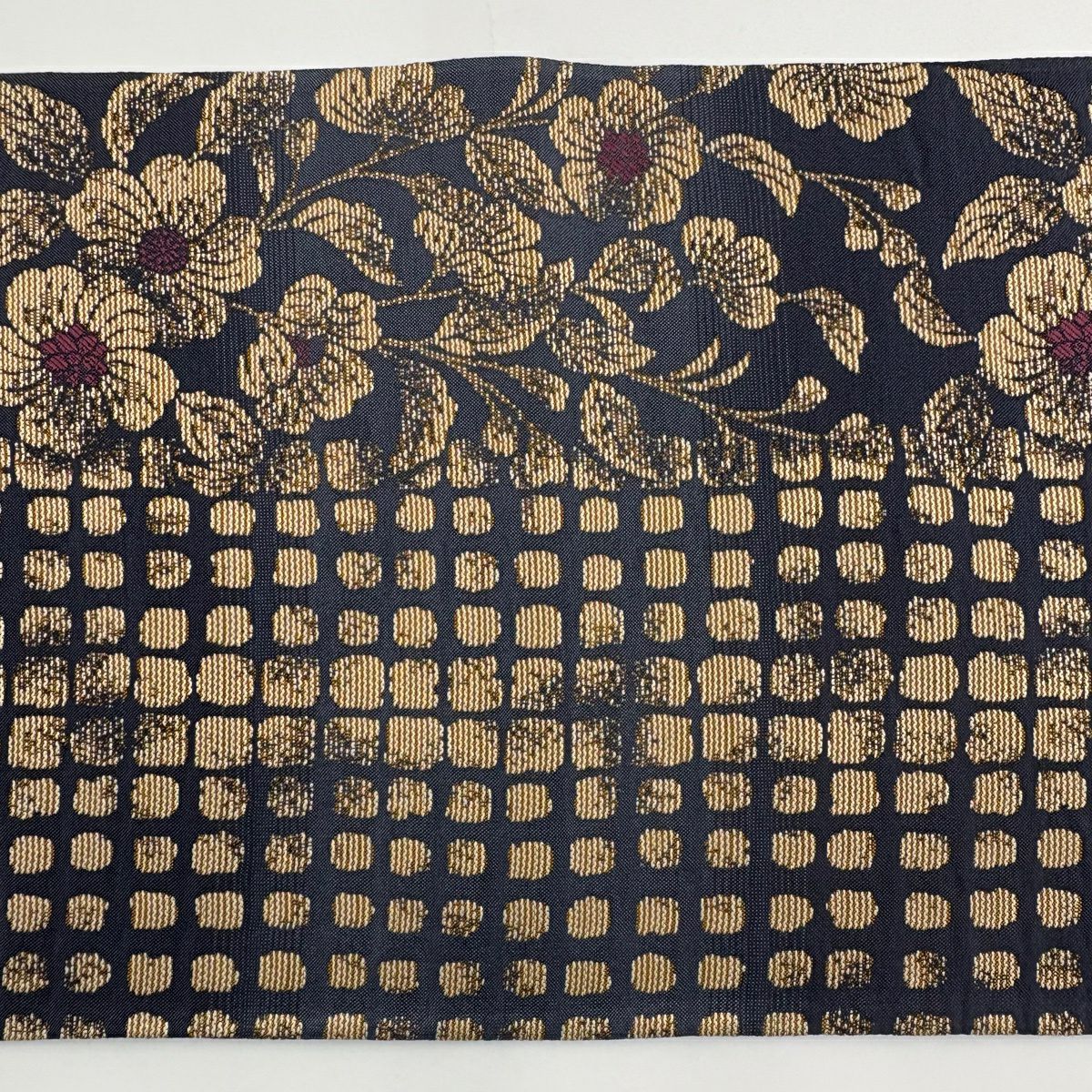 【美品】 袋帶 秀品級 草花紋紋 幾何學 金絲 青灰 六通 純蠶絲