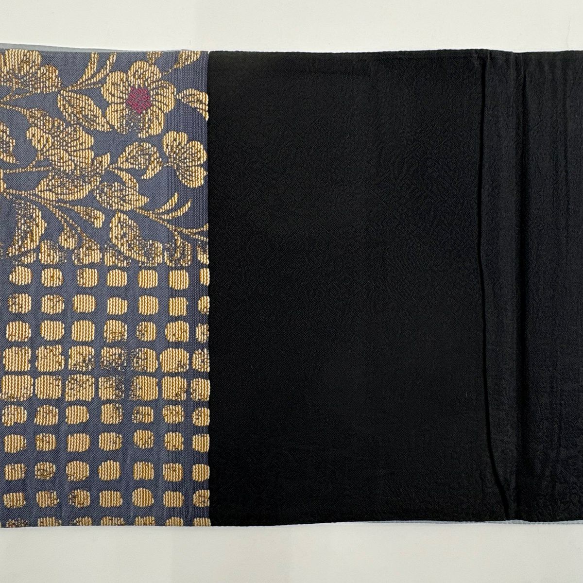 【美品】 袋帶 秀品級 草花紋紋 幾何學 金絲 青灰 六通 純蠶絲