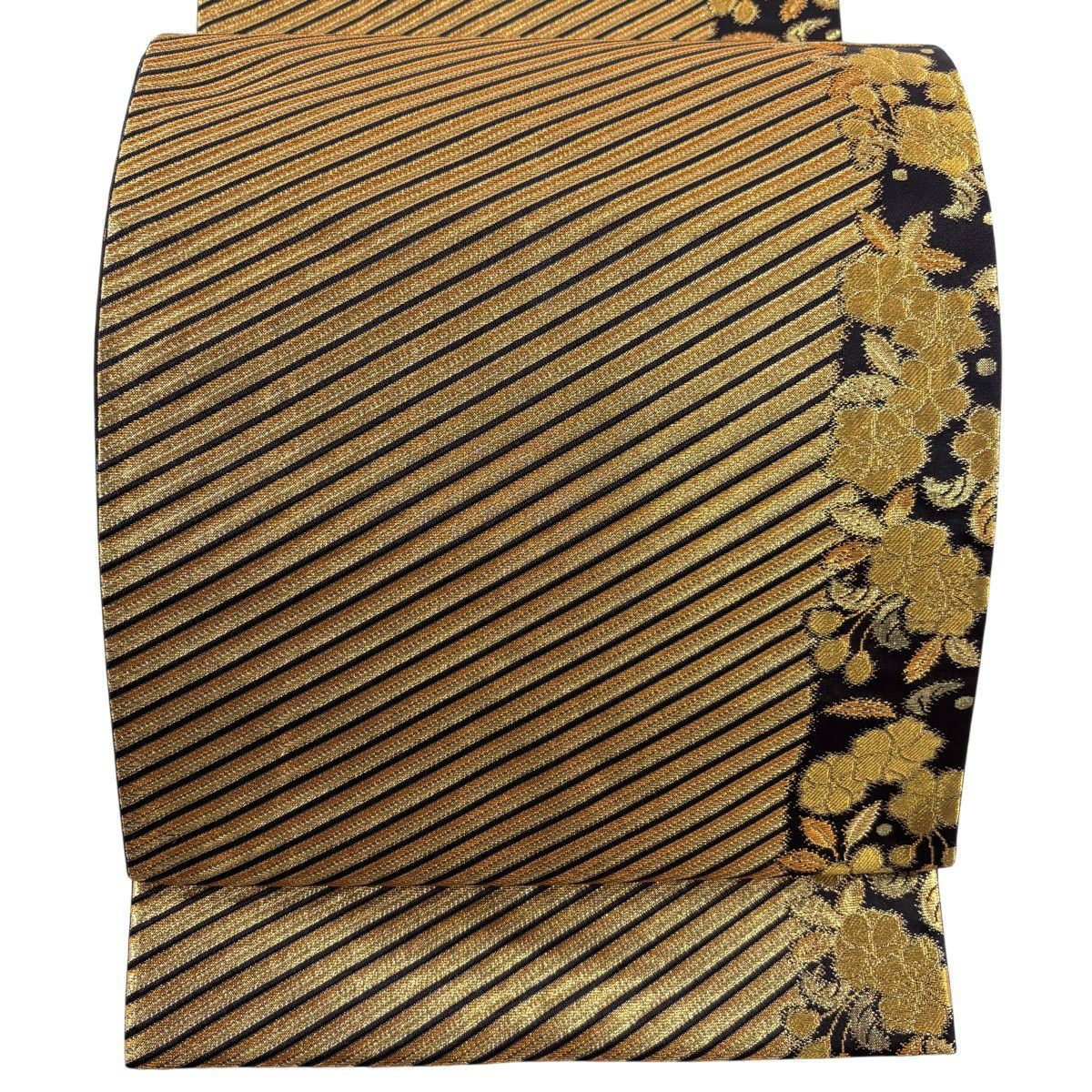 【美品】 袋帶 優品級 振袖禮服禮服用 斜條紋 櫻花 金絲 金金箔 金色 全通 純蠶絲
