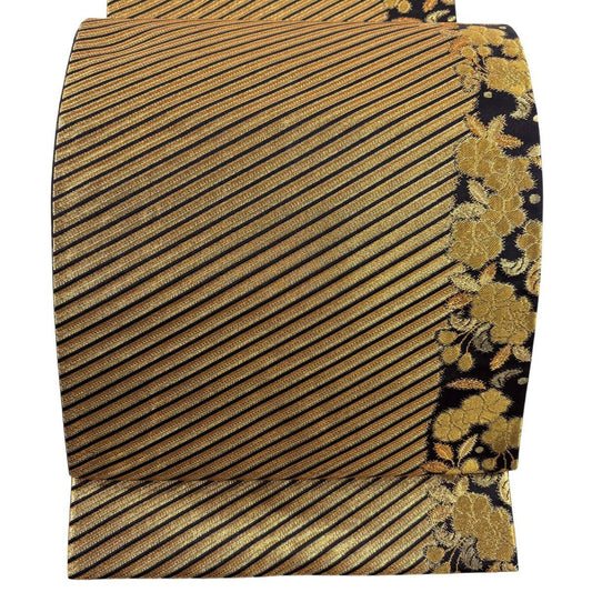 【美品】 袋帶 優品級 振袖禮服禮服用 斜條紋 櫻花 金絲 金金箔 金色 全通 純蠶絲