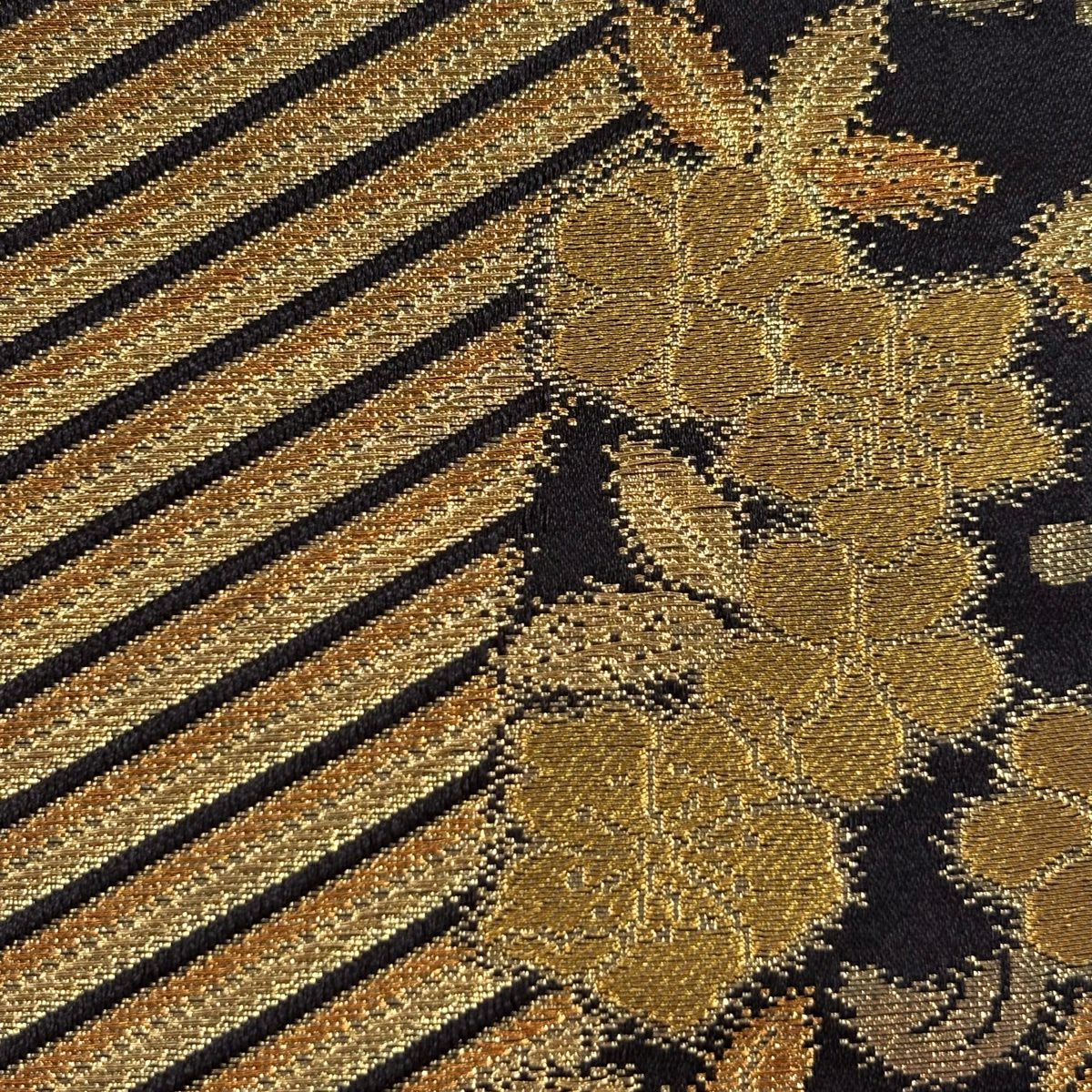 【美品】 袋帶 優品級 振袖禮服禮服用 斜條紋 櫻花 金絲 金金箔 金色 全通 純蠶絲