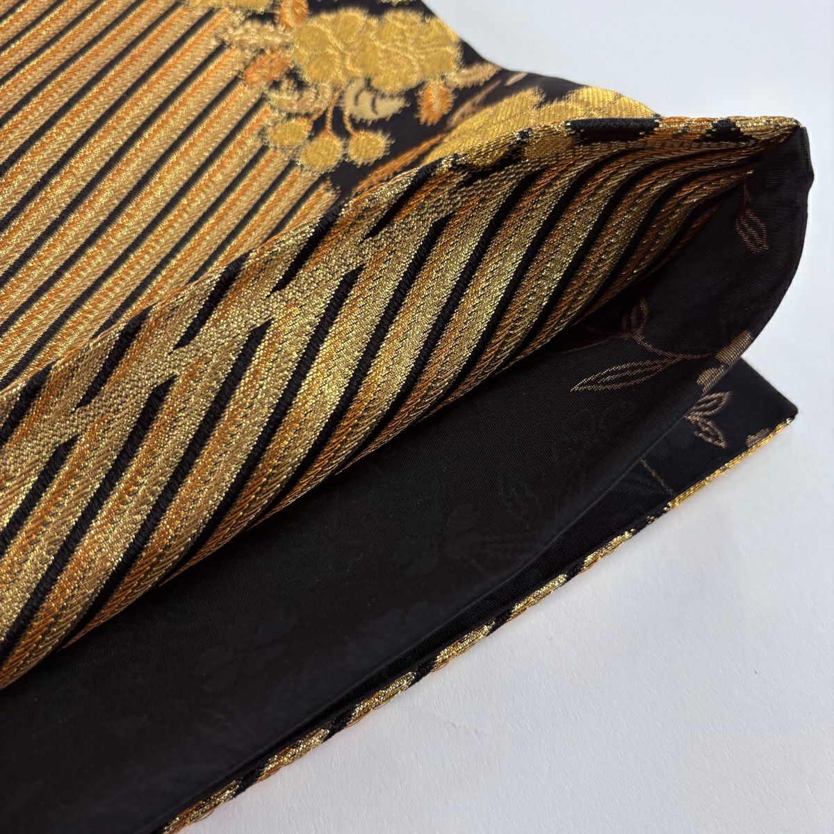 【美品】 袋帶 優品級 振袖禮服禮服用 斜條紋 櫻花 金絲 金金箔 金色 全通 純蠶絲