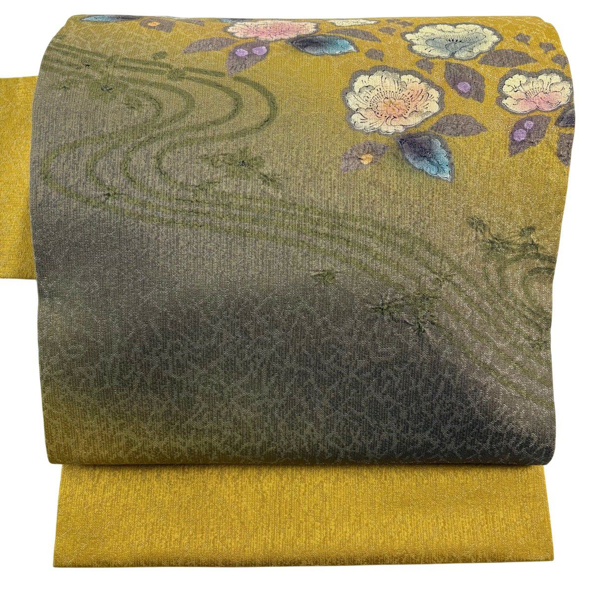 【美品】 名古屋帶 秀品級 草花紋紋 流水 金銀彩 芥末色 純蠶絲