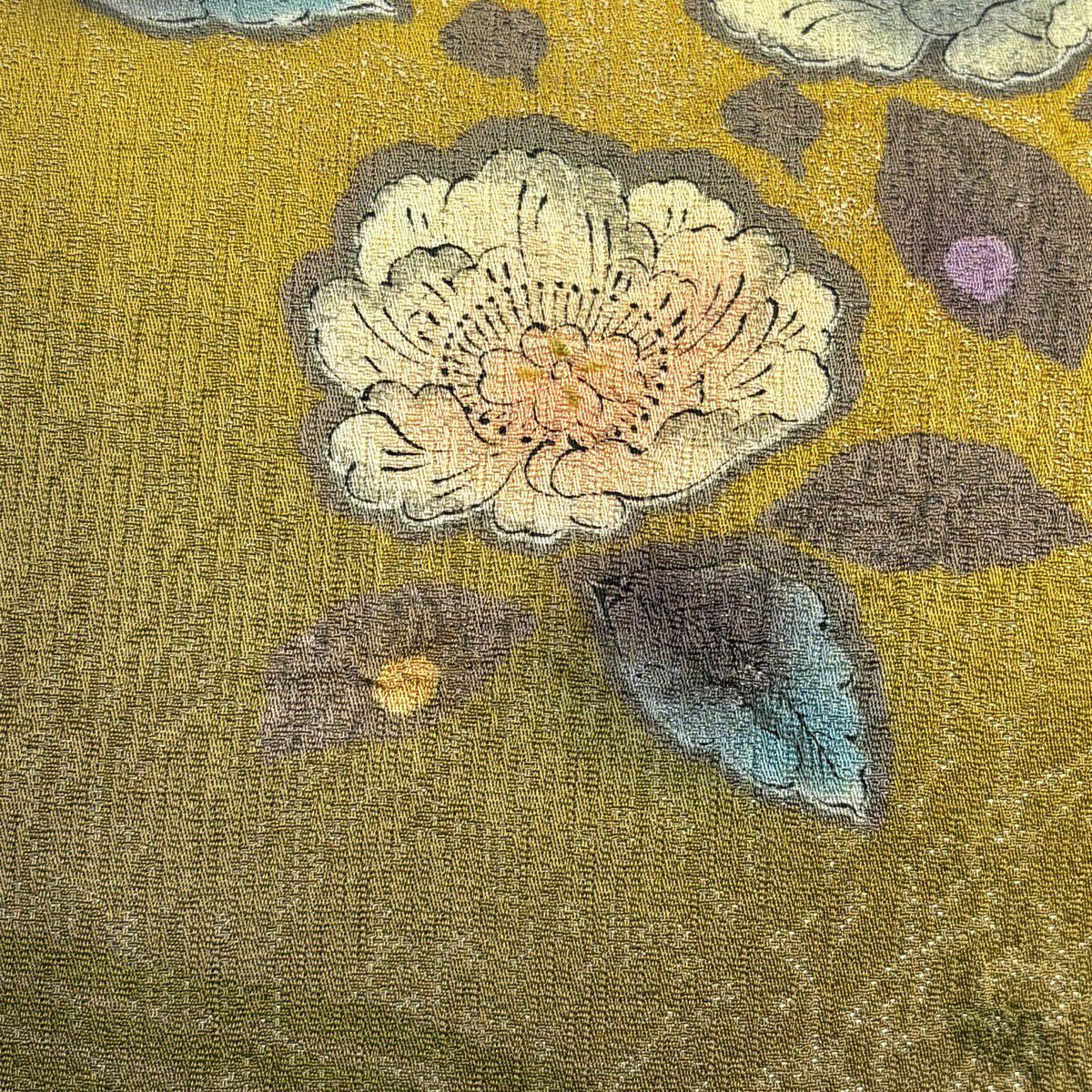【美品】 名古屋帶 秀品級 草花紋紋 流水 金銀彩 芥末色 純蠶絲
