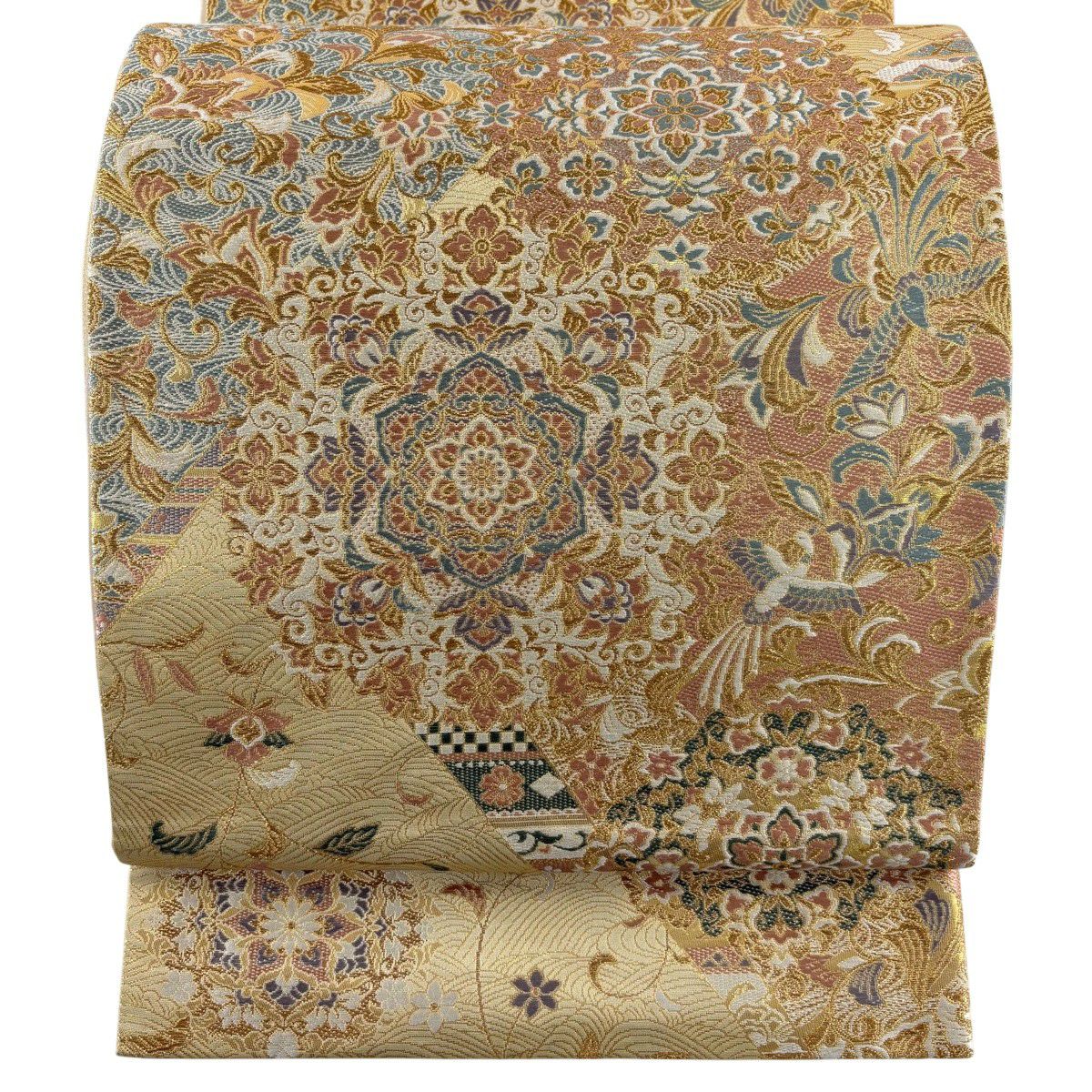 【美品】 袋帶 秀品級 祝華紋繪圖 華紋 花鳥 金絲 金金箔 金色 六通 純蠶絲
