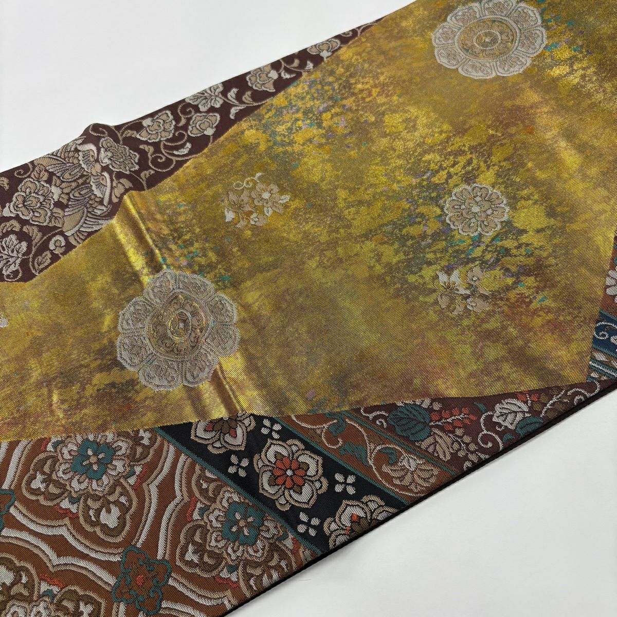 【美品】 袋帶 秀品級 祝寶慶賀文 鳳凰 花唐草紋 金金箔 金茶 六通 純蠶絲