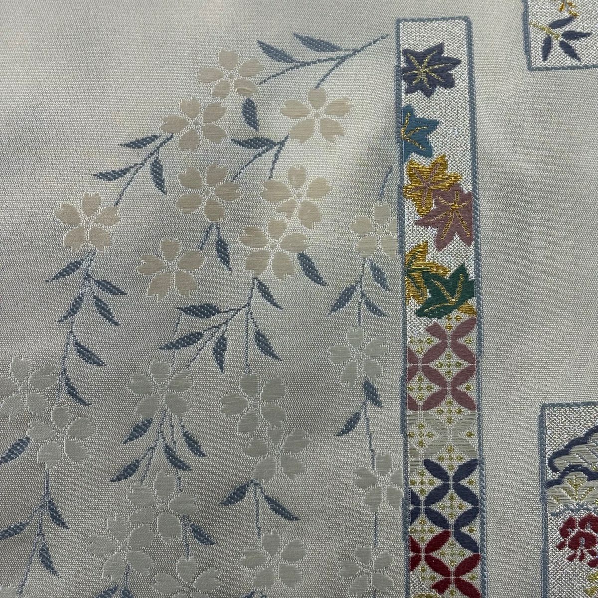 【美品】 袋帶 秀品級櫻花 七寶 金銀線 金金箔 灰白 六通 純蠶絲