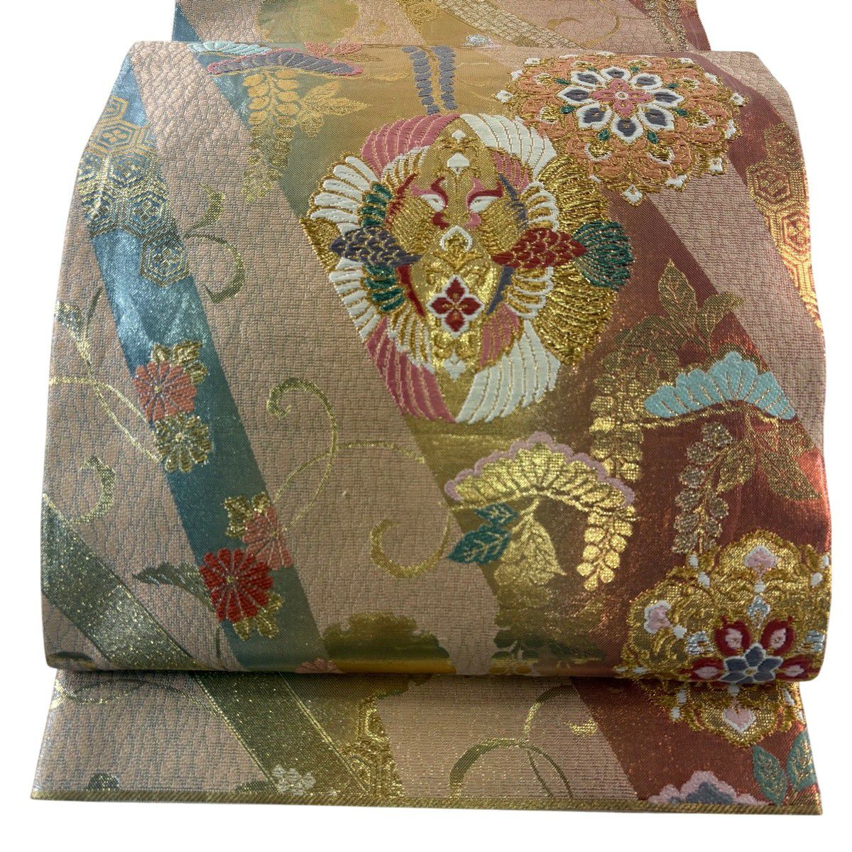 袋帶 秀品級 關西仕立 向鳥 華紋 金絲 刺繡 鮭粉色 六通 純蠶絲