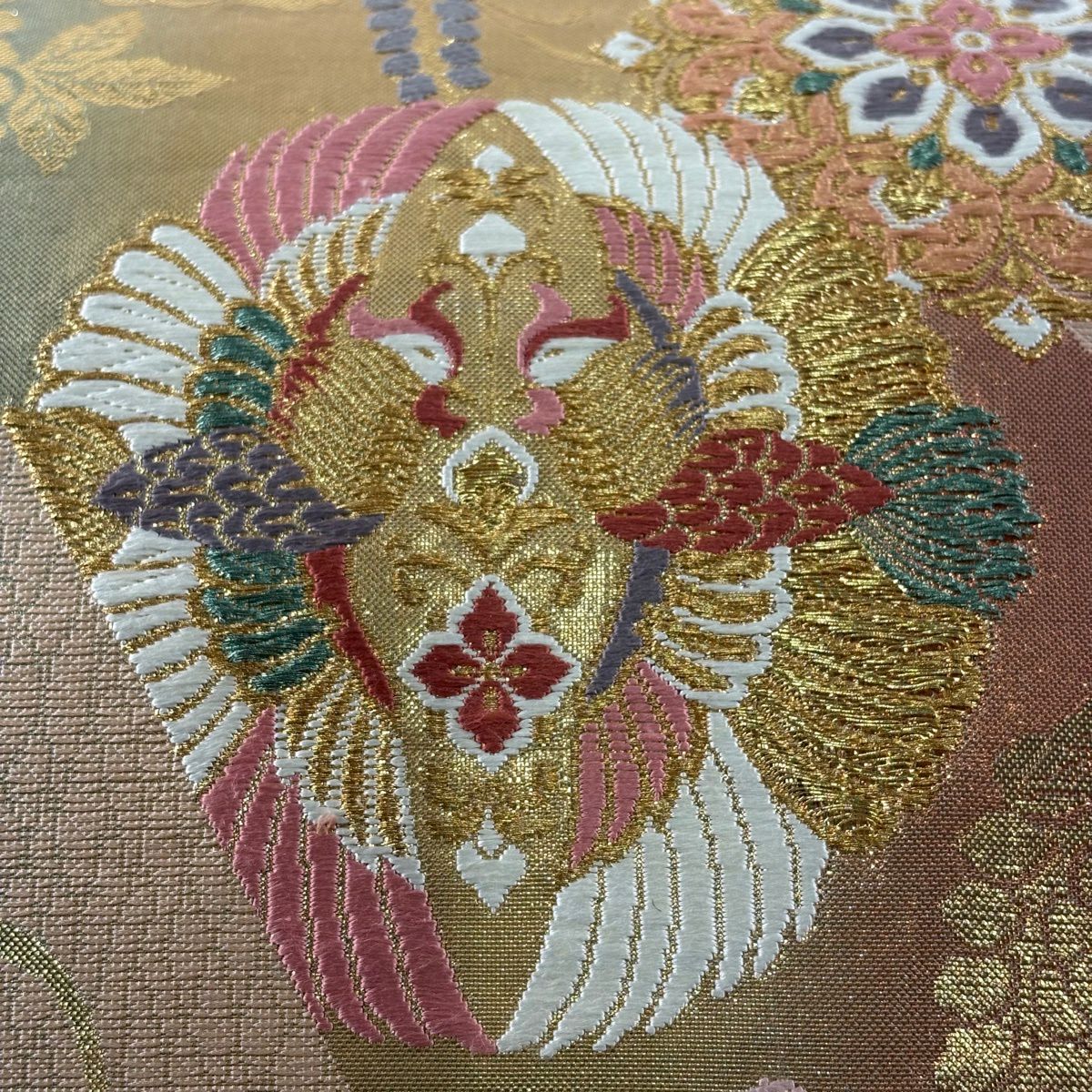 袋帶 秀品級 關西仕立 向鳥 華紋 金絲 刺繡 鮭粉色 六通 純蠶絲