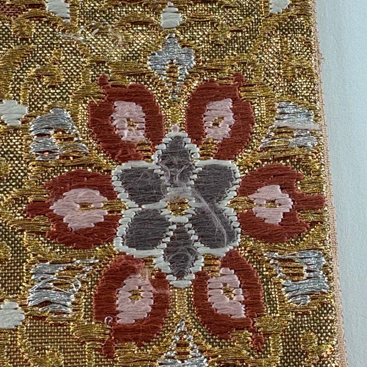 袋帶 秀品級 關西仕立 向鳥 華紋 金絲 刺繡 鮭粉色 六通 純蠶絲