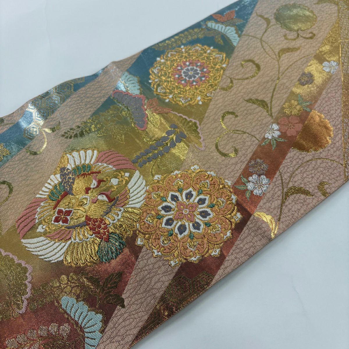 袋帶 秀品級 關西仕立 向鳥 華紋 金絲 刺繡 鮭粉色 六通 純蠶絲