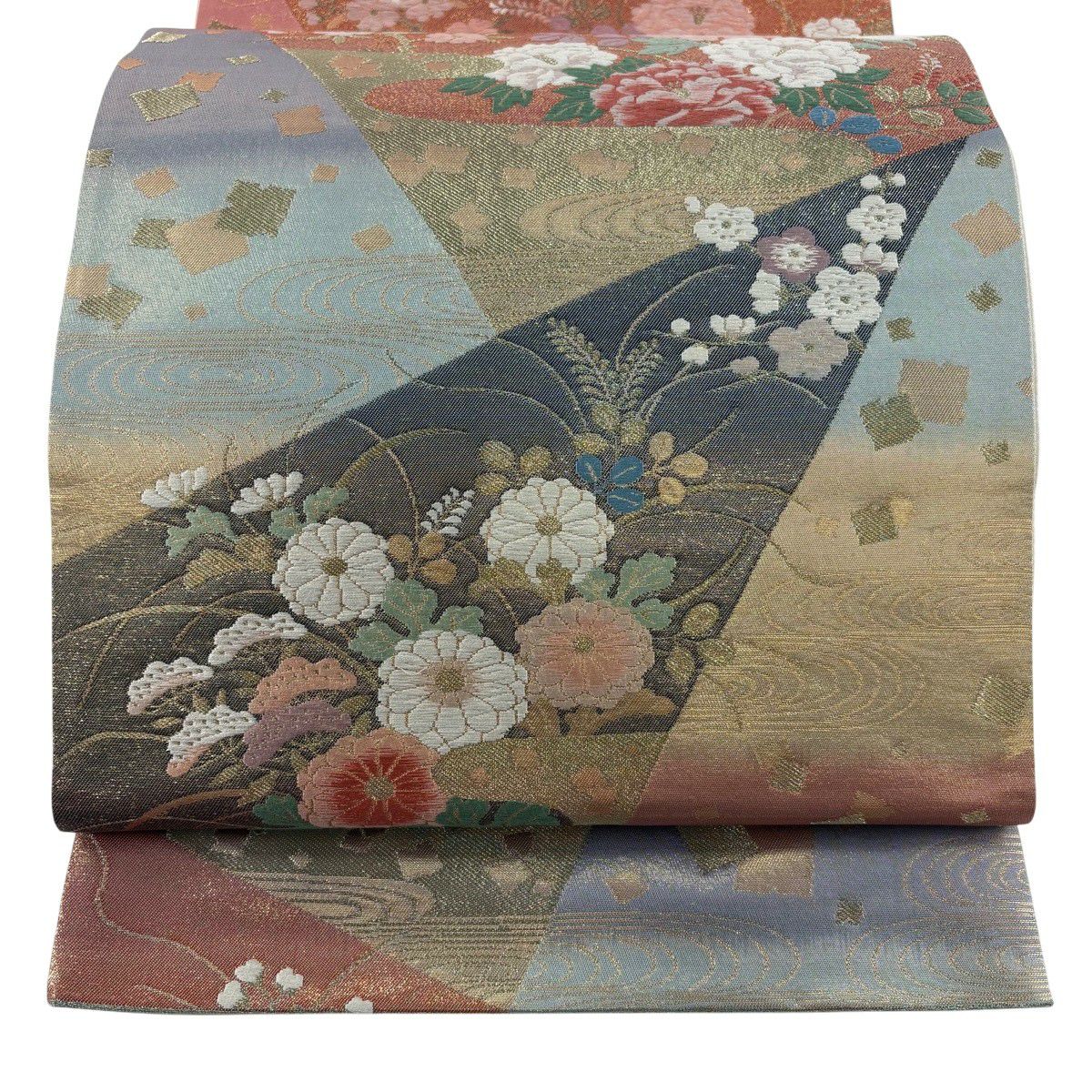 【美品】 袋帶 秀品級 關西仕立 秋草 金金箔散佈 金絲 藍灰 六通 純蠶絲