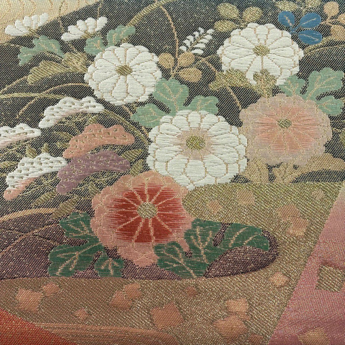 【美品】 袋帶 秀品級 關西仕立 秋草 金金箔散佈 金絲 藍灰 六通 純蠶絲