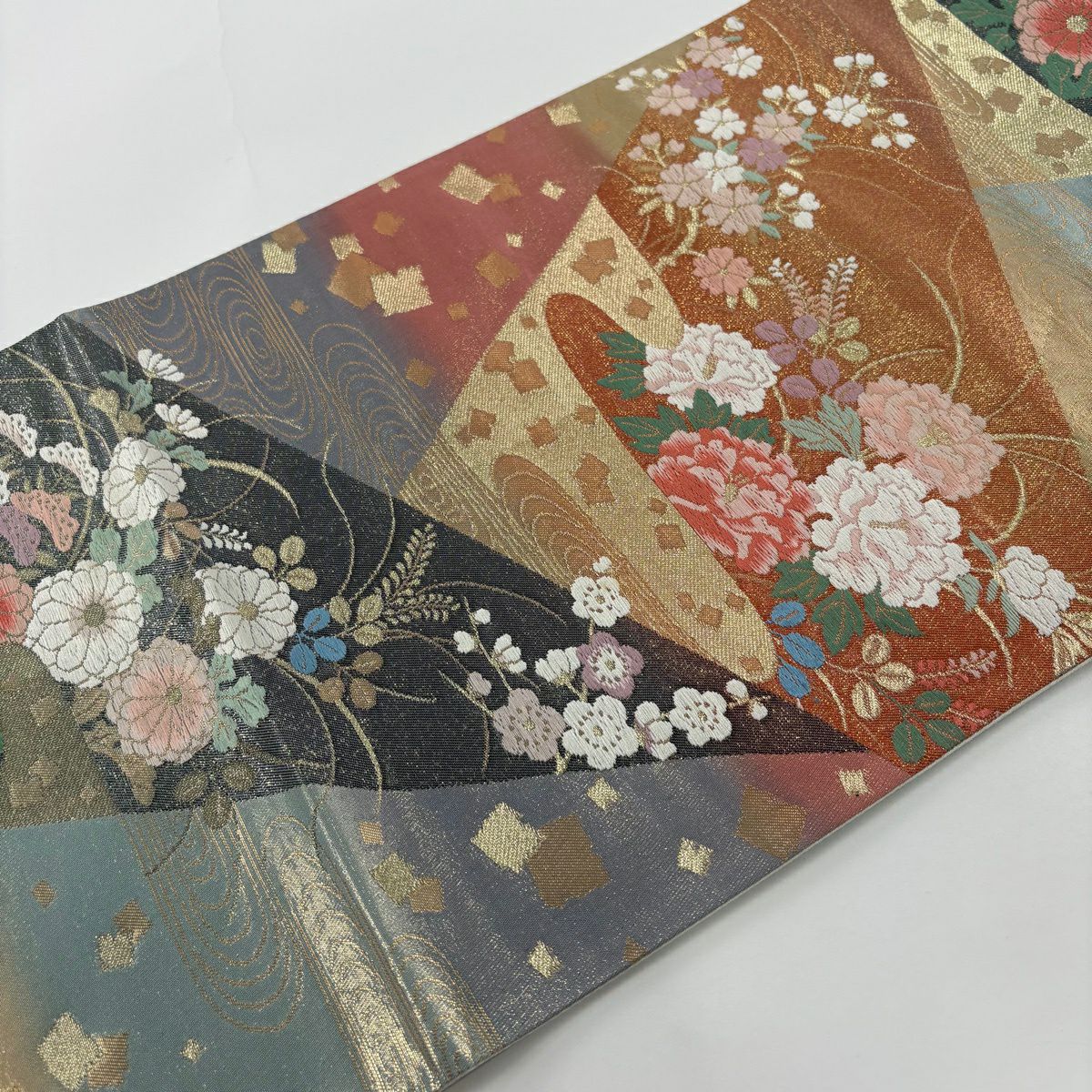 【美品】 袋帶 秀品級 關西仕立 秋草 金金箔散佈 金絲 藍灰 六通 純蠶絲