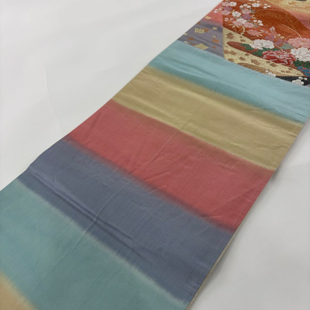 【美品】 袋帶 秀品級 關西仕立 秋草 金金箔散佈 金絲 藍灰 六通 純蠶絲