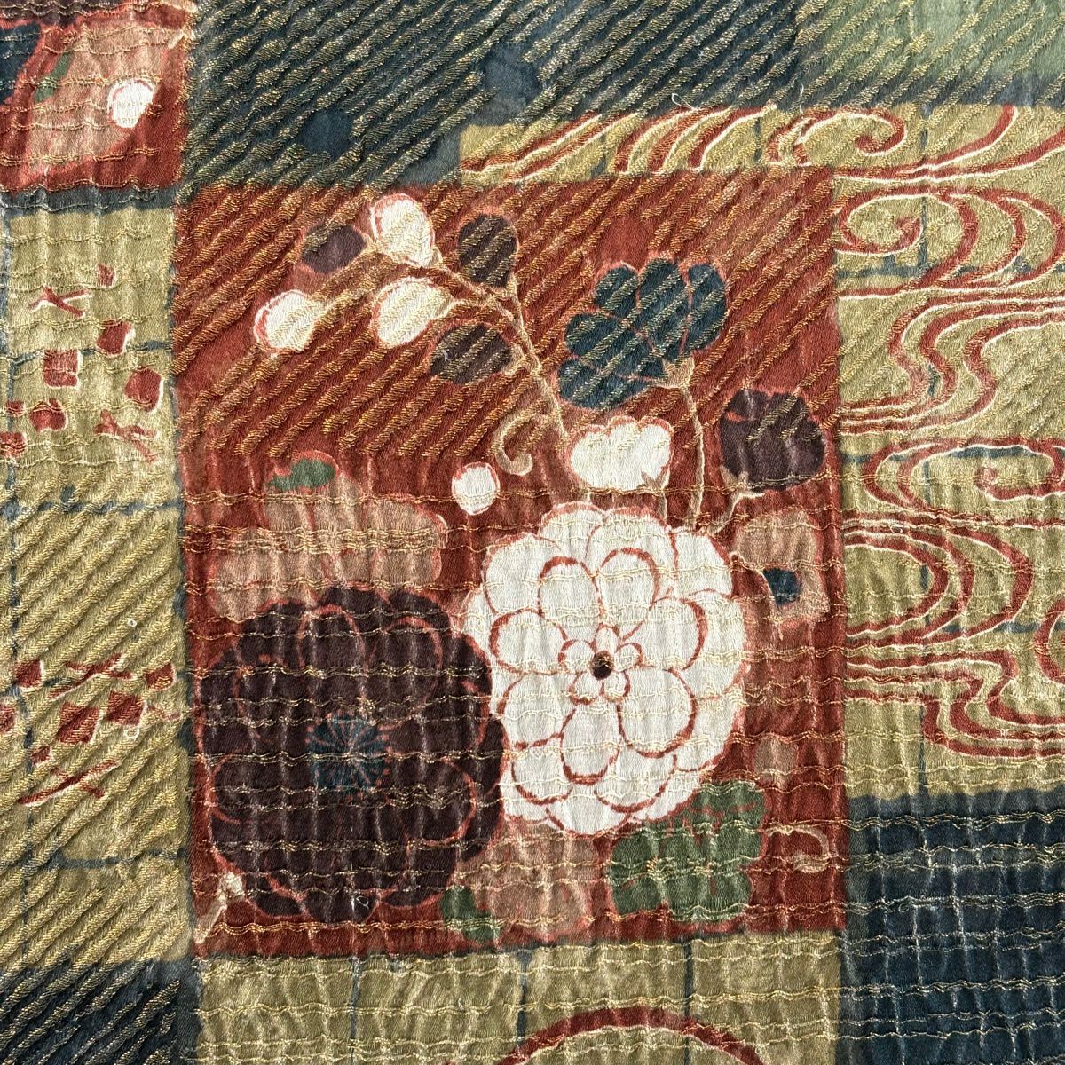 【美品】 袋帶 秀品級 草花紋紋 観世水 金糸 濃藍 全通 純蠶絲