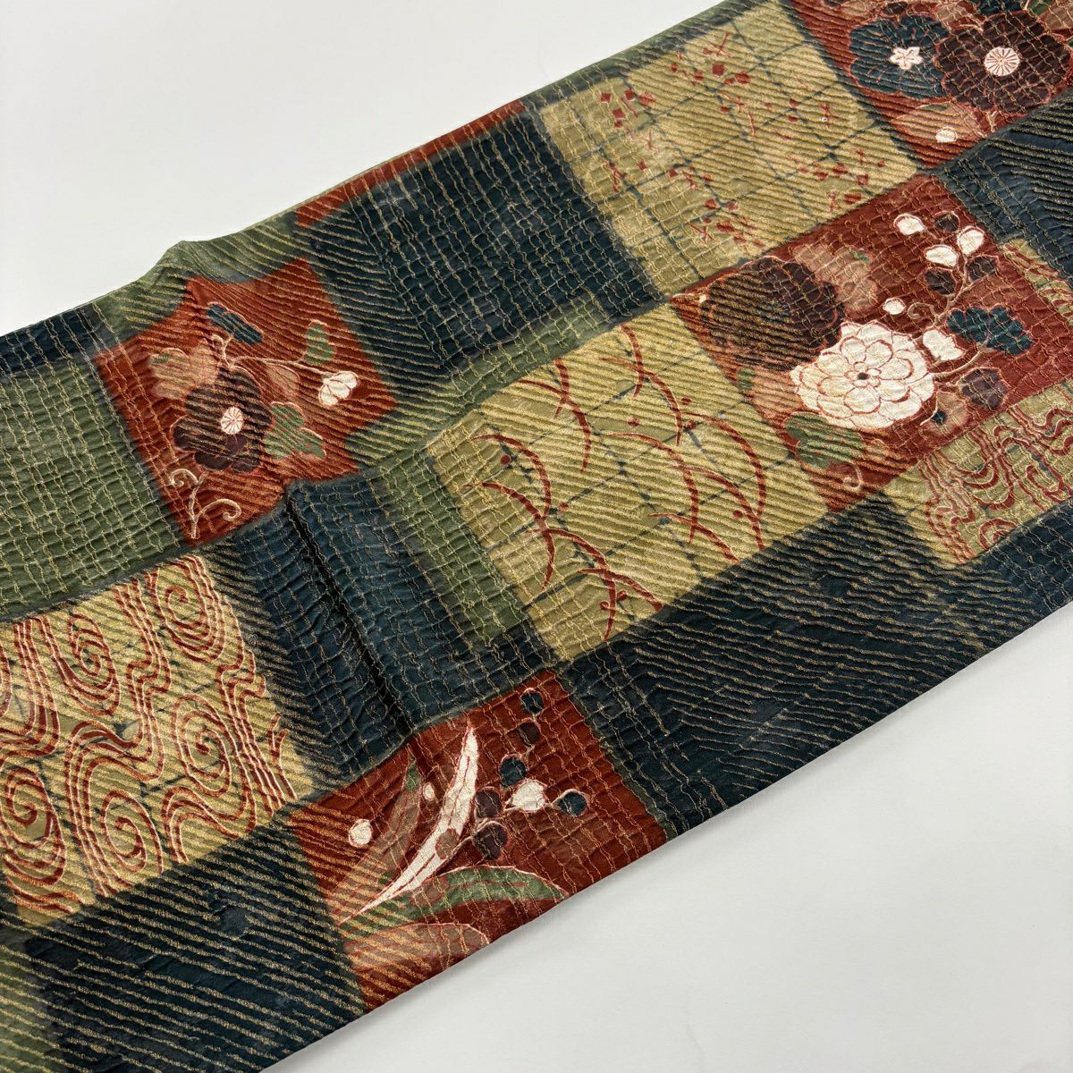 【美品】 袋帶 秀品級 草花紋紋 観世水 金糸 濃藍 全通 純蠶絲