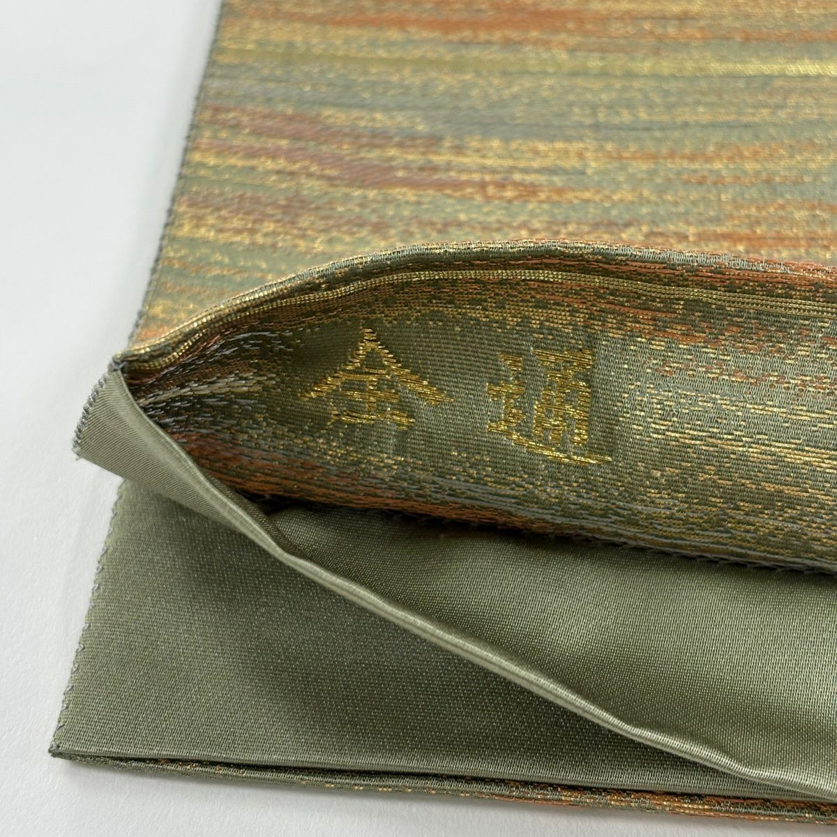 【美品】 袋帶 秀品級 全通 萬葉織 千彩霞 金金箔 灰綠 全通 純蠶絲