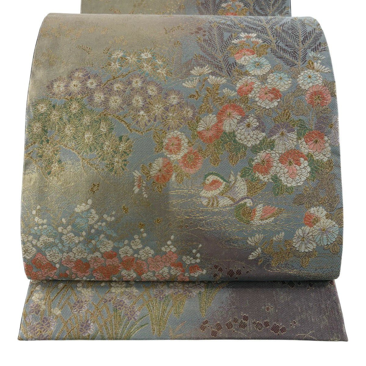 【美品】 袋帶 秀品級 松樹竹子梅花 鴛鴦 金絲 金金箔 灰紫 六通 純蠶絲
