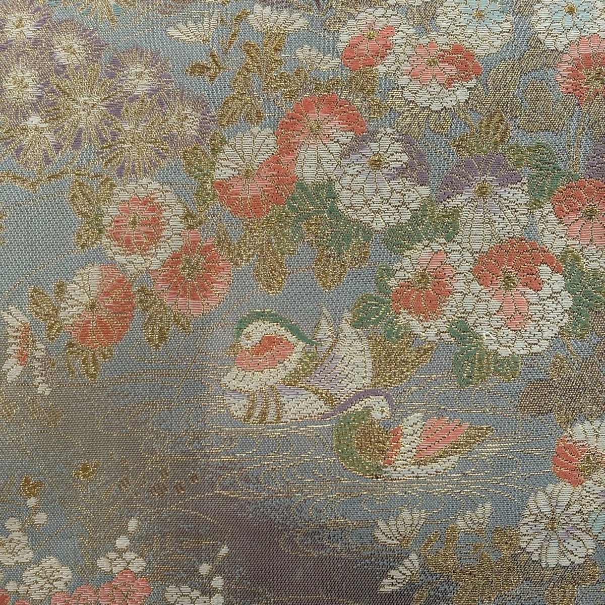 【美品】 袋帶 秀品級 松樹竹子梅花 鴛鴦 金絲 金金箔 灰紫 六通 純蠶絲