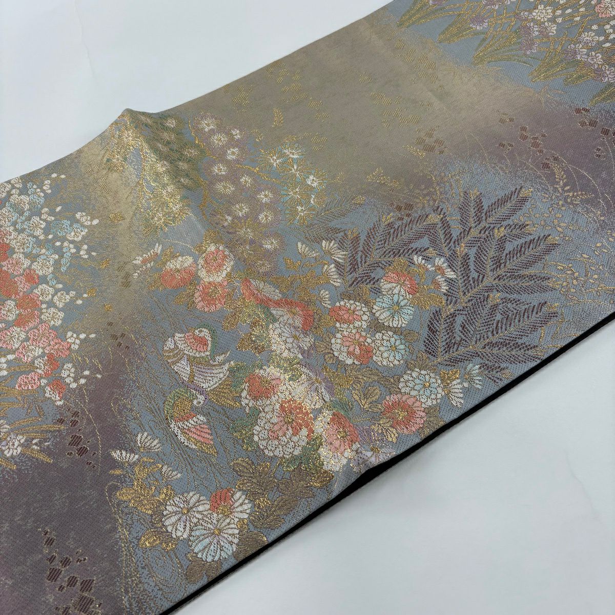 【美品】 袋帶 秀品級 松樹竹子梅花 鴛鴦 金絲 金金箔 灰紫 六通 純蠶絲