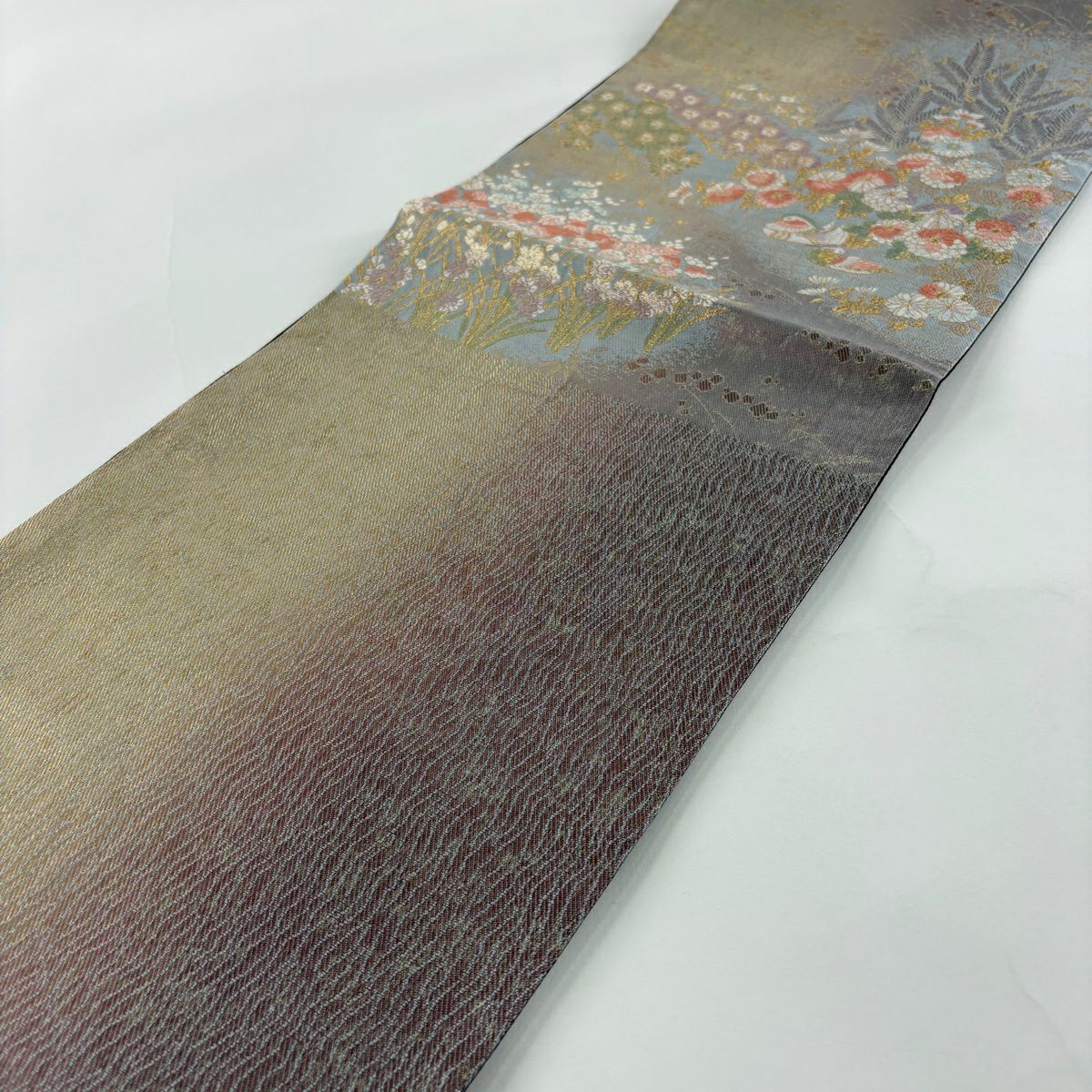 【美品】 袋帶 秀品級 松樹竹子梅花 鴛鴦 金絲 金金箔 灰紫 六通 純蠶絲