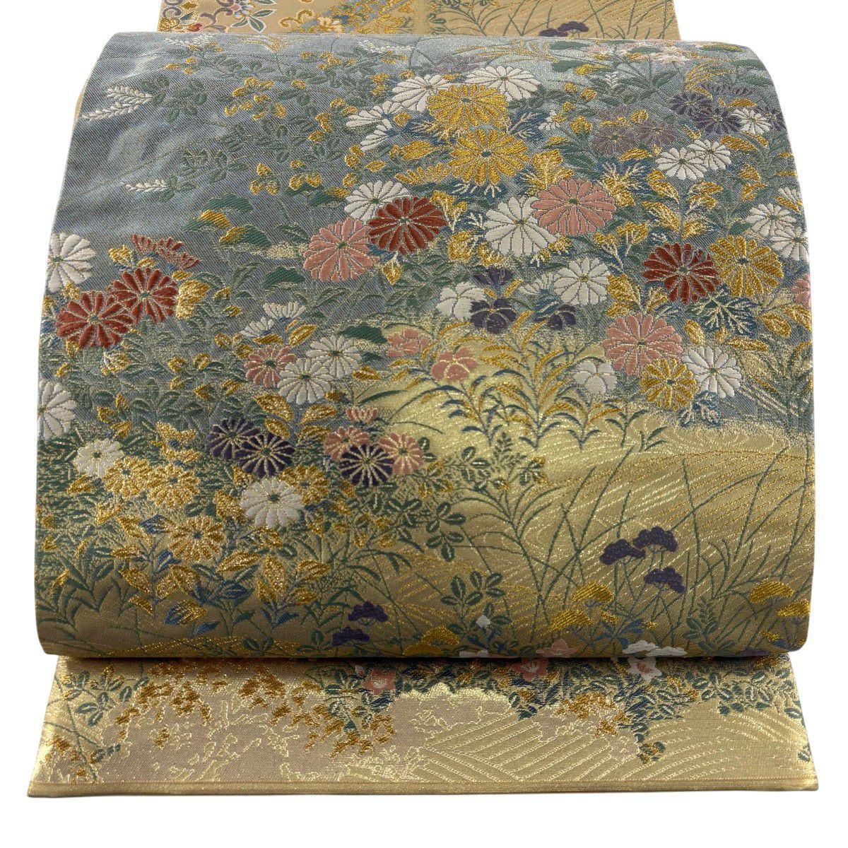 【美品】 袋帶 秀品級 秋草 波 金絲 金金箔 金色 大鼓圖案 純蠶絲
