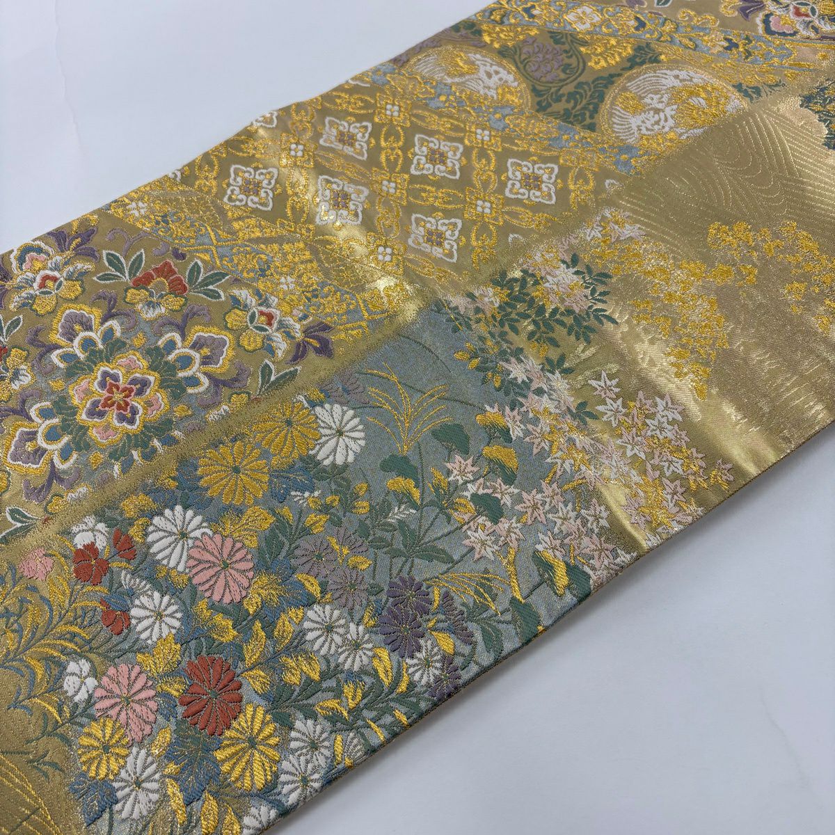 【美品】 袋帶 秀品級 秋草 波 金絲 金金箔 金色 大鼓圖案 純蠶絲