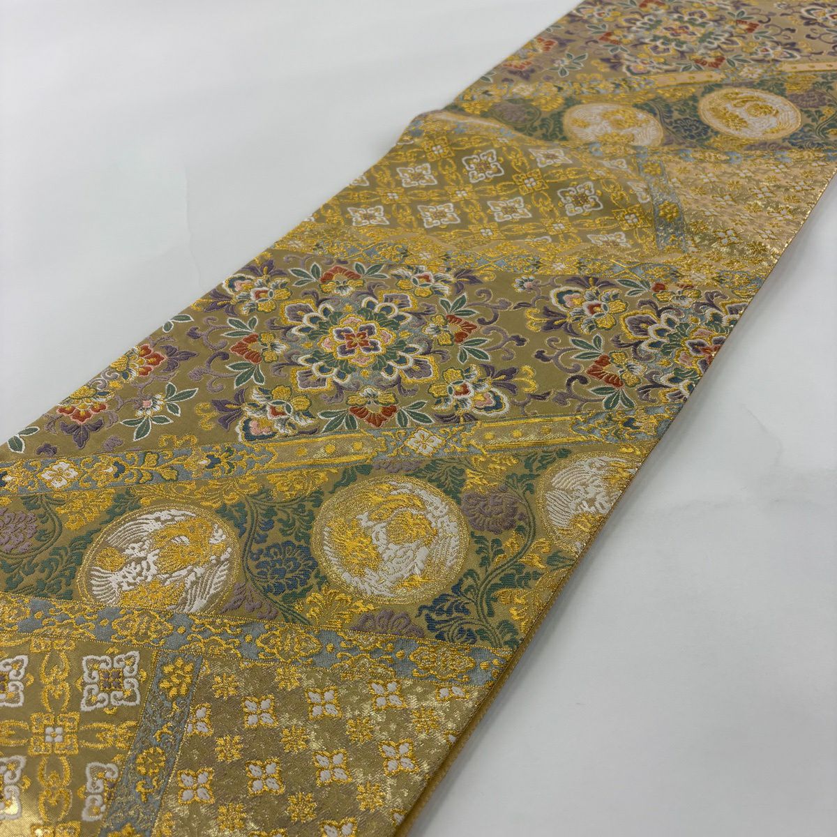 【美品】 袋帶 秀品級 秋草 波 金絲 金金箔 金色 大鼓圖案 純蠶絲