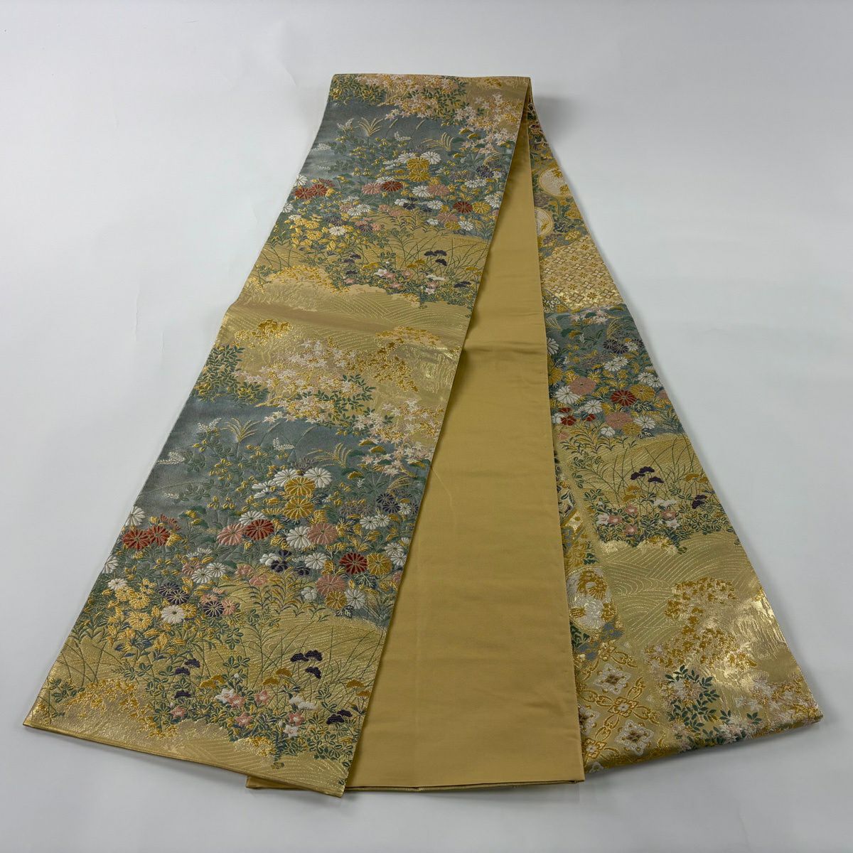 【美品】 袋帶 秀品級 秋草 波 金絲 金金箔 金色 大鼓圖案 純蠶絲