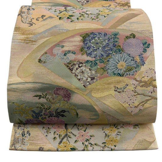 袋帶 秀品級 扇子面 花鳥 金絲 金金箔 金色 六通 純蠶絲