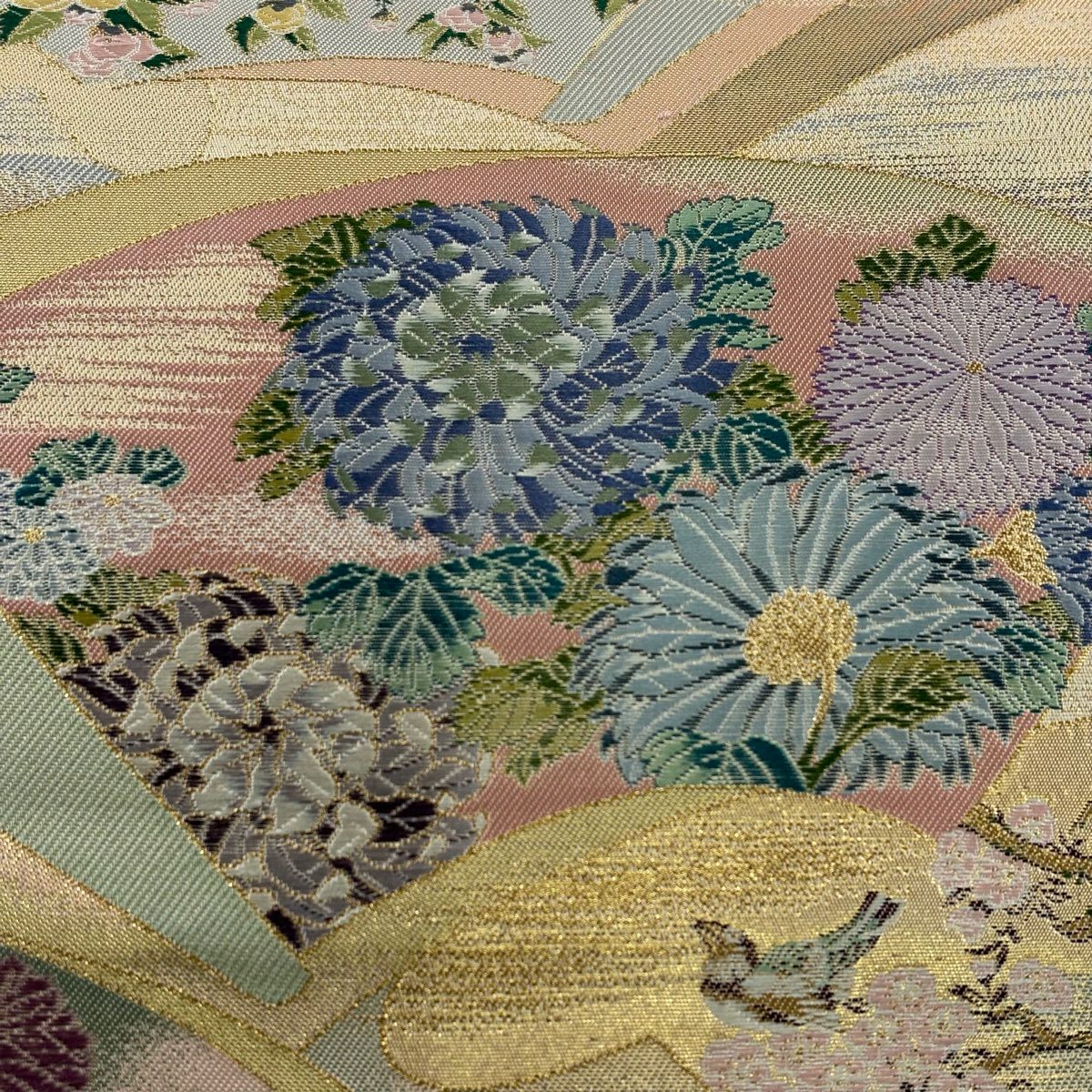 袋帶 秀品級 扇子面 花鳥 金絲 金金箔 金色 六通 純蠶絲