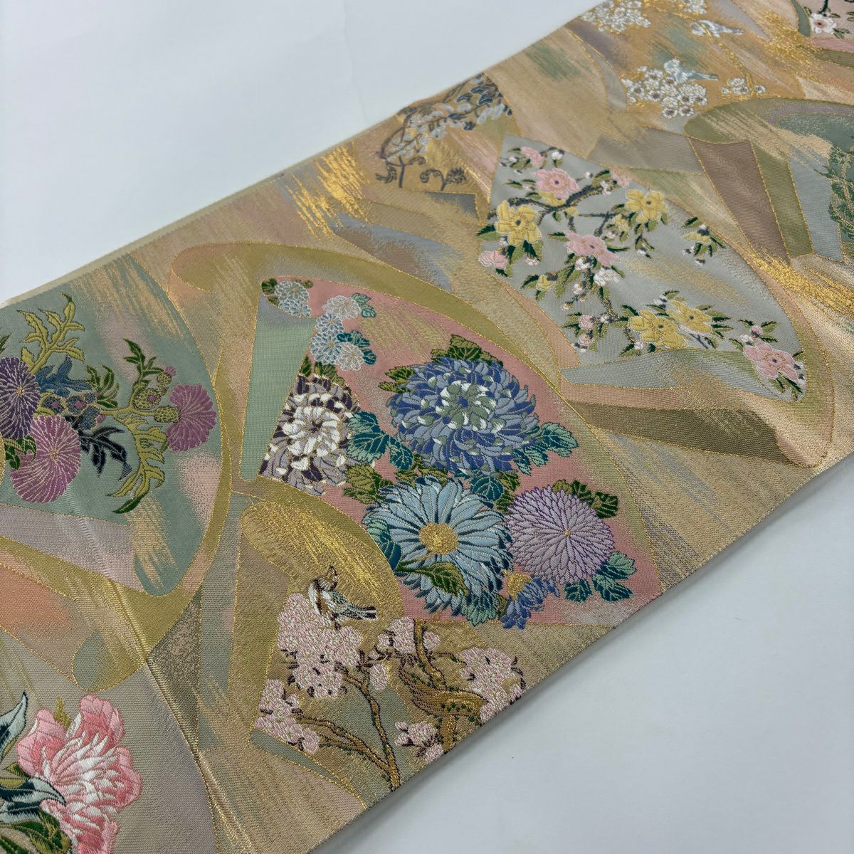 袋帶 秀品級 扇子面 花鳥 金絲 金金箔 金色 六通 純蠶絲