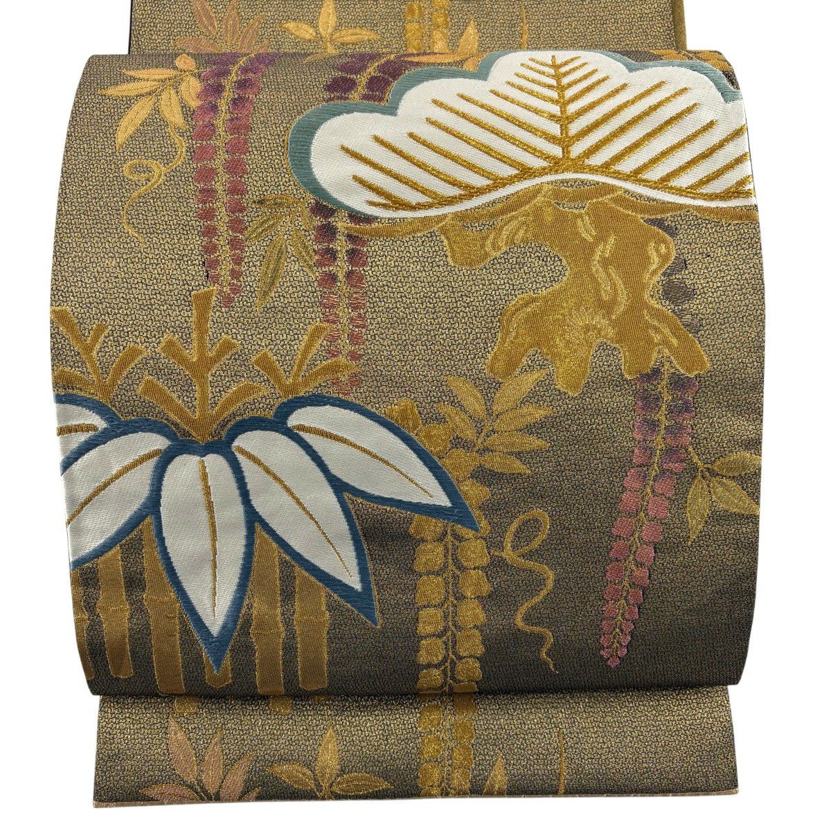 袋帶 秀品級 振袖禮服禮服用 松樹竹子梅花 藤 金絲 金金箔 金茶 六通 純蠶絲