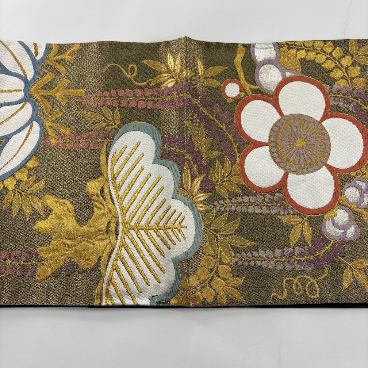 袋帶 秀品級 振袖禮服禮服用 松樹竹子梅花 藤 金絲 金金箔 金茶 六通 純蠶絲