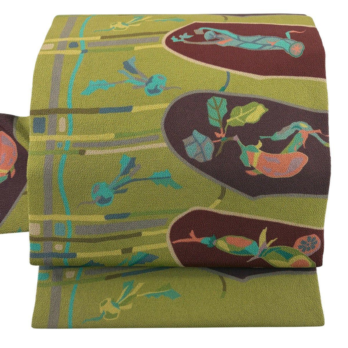【美品】 名古屋帶 秀品級 魚 生物 縮緬 よもぎ色 純蠶絲