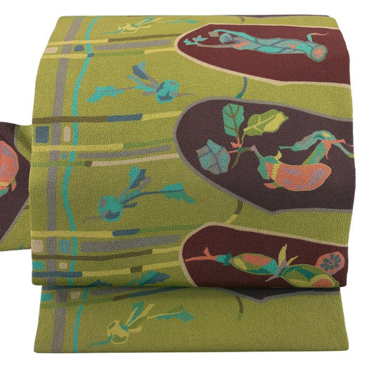 【美品】 名古屋帶 秀品級 魚 生物 縮緬 よもぎ色 純蠶絲