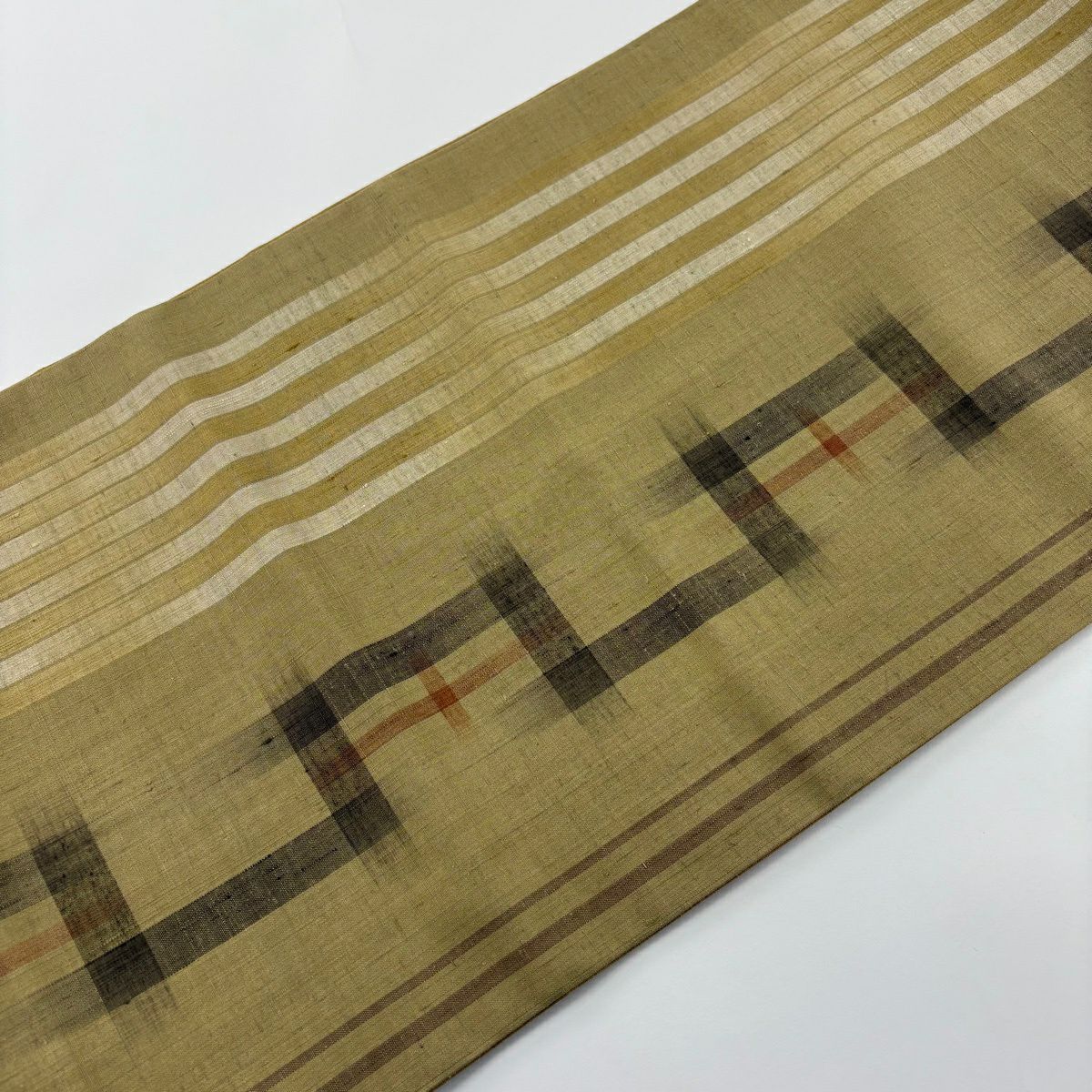 【美品】 袋帶 秀品級 紬織織 地縞 幾何學圖案 茶綠 全通 純蠶絲