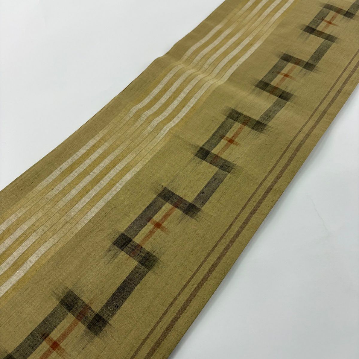 【美品】 袋帶 秀品級 紬織織 地縞 幾何學圖案 茶綠 全通 純蠶絲