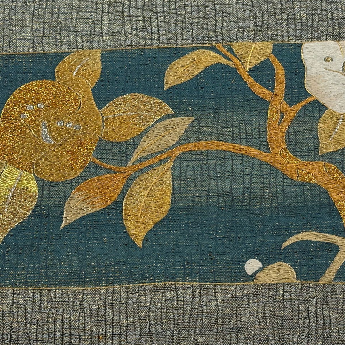 【美品】 袋帶 秀品級 夏帶 椿 金銀彩 金金箔 灰綠 お太鼓圖案 純蠶絲