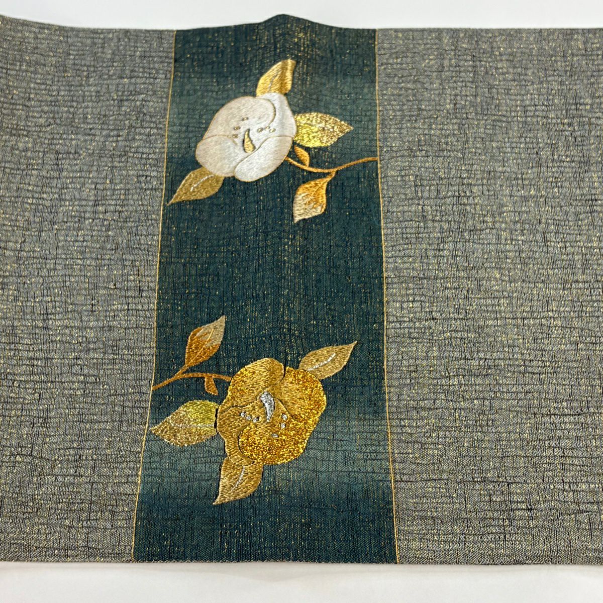 【美品】 袋帶 秀品級 夏帶 椿 金銀彩 金金箔 灰綠 お太鼓圖案 純蠶絲