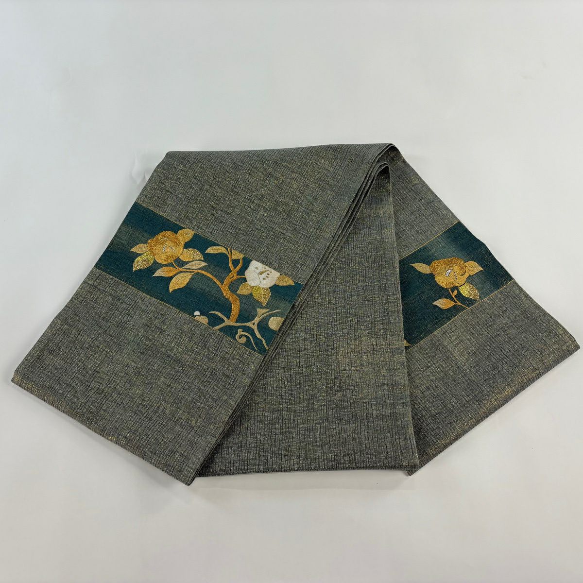 【美品】 袋帶 秀品級 夏帶 椿 金銀彩 金金箔 灰綠 お太鼓圖案 純蠶絲