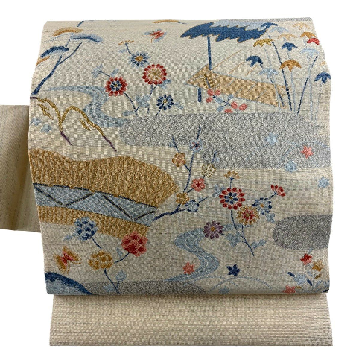 名古屋帶 秀品級 松樹竹子梅花 銀霞 金絲 奶油色 純蠶絲