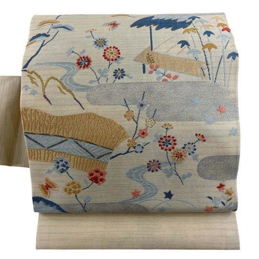 名古屋帶 秀品級 松樹竹子梅花 銀霞 金絲 奶油色 純蠶絲