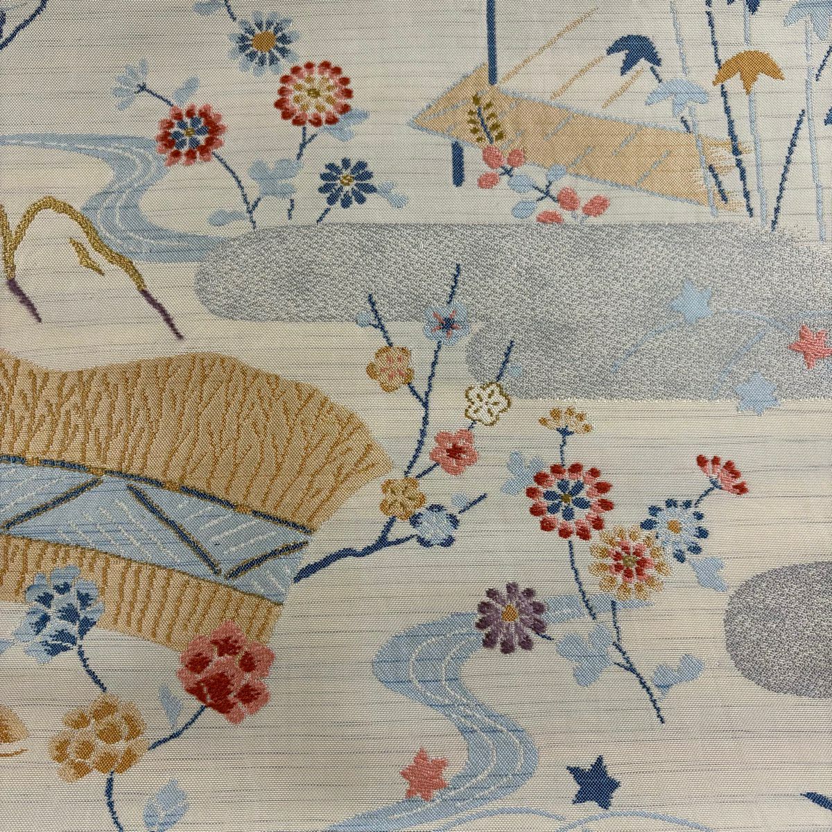 名古屋帶 秀品級 松樹竹子梅花 銀霞 金絲 奶油色 純蠶絲