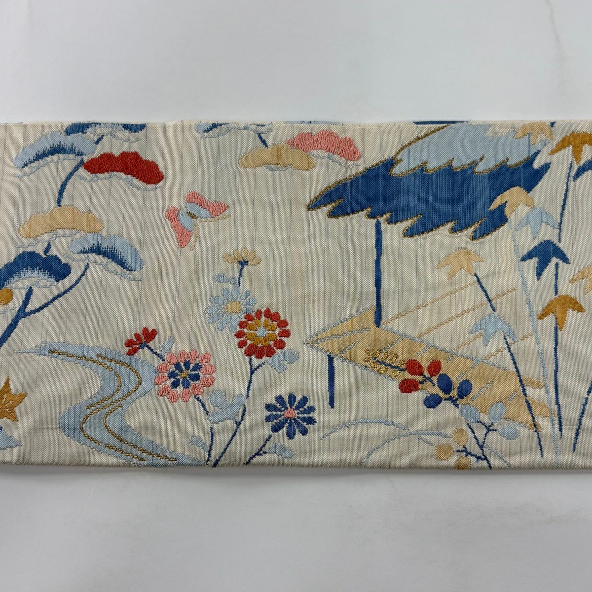 名古屋帶 秀品級 松樹竹子梅花 銀霞 金絲 奶油色 純蠶絲