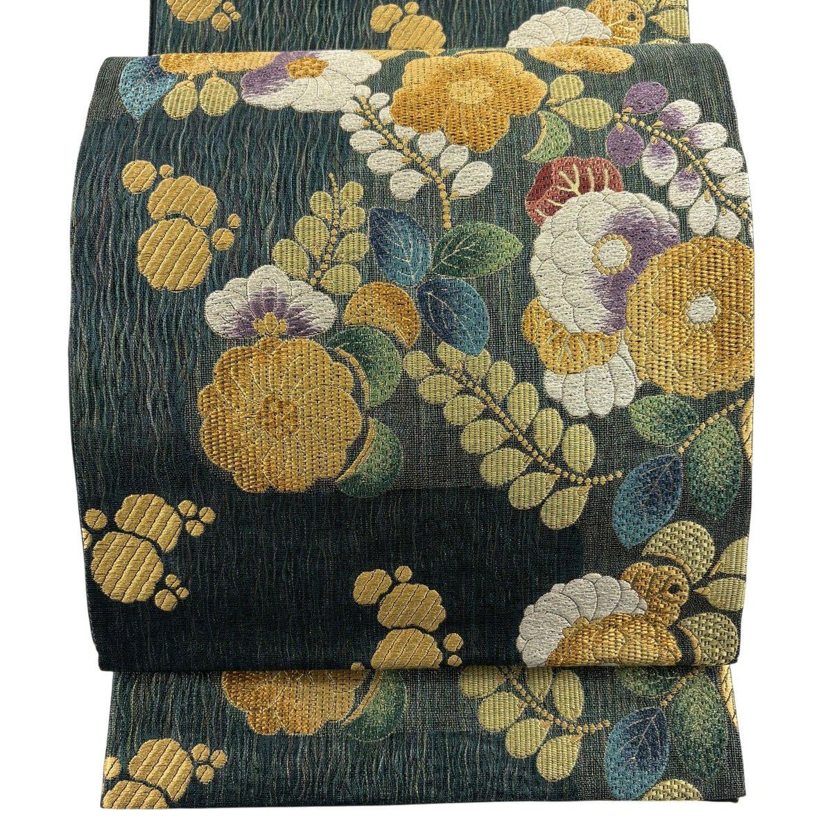 【美品】 袋帶 秀品級 草花紋 金糸 深綠 六通 純蠶絲