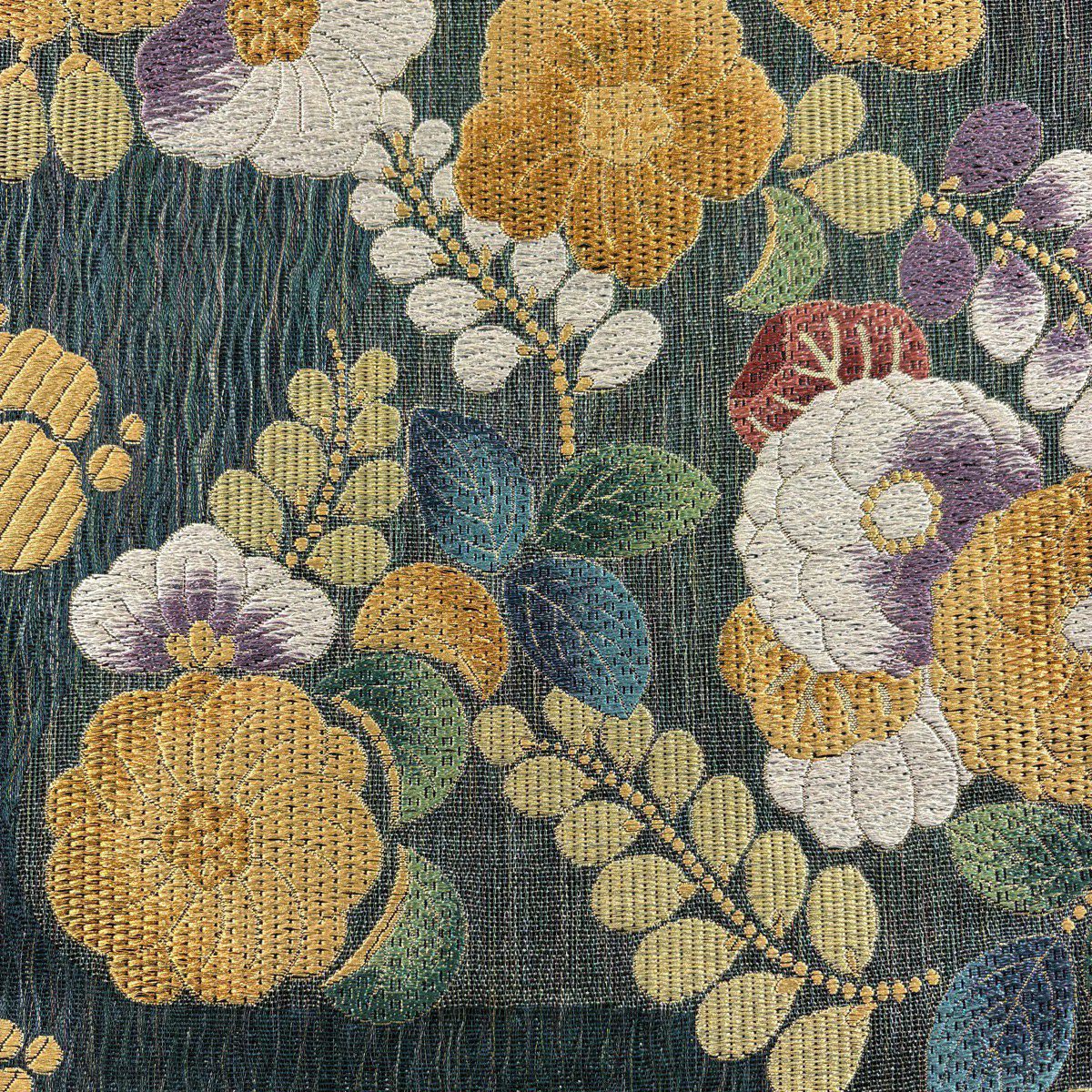 【美品】 袋帶 秀品級 草花紋 金糸 深綠 六通 純蠶絲